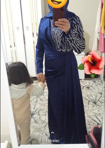 Navy Drapeli Uzun Abiye Elbise - Görsel 2