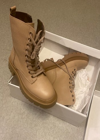 Bej hakiki Deri Kadın Bot Blok Topuklu - Görsel 2