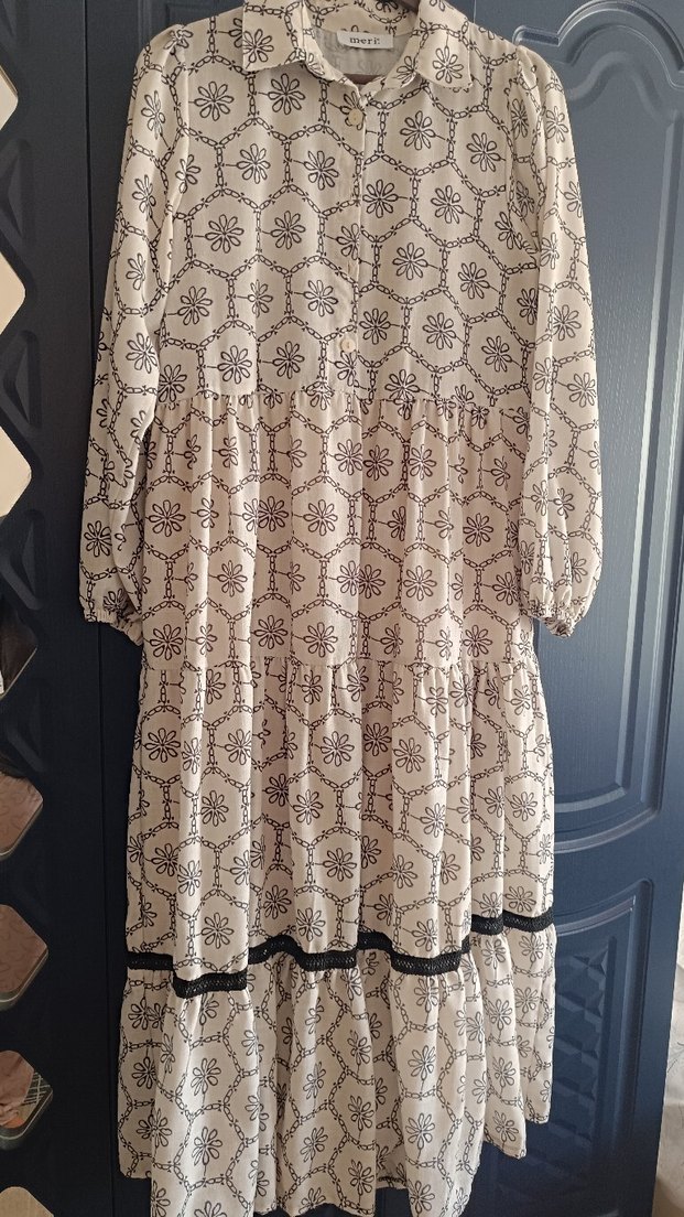 Bej Nakışlı Uzun Bohem Elbise - Görsel 2