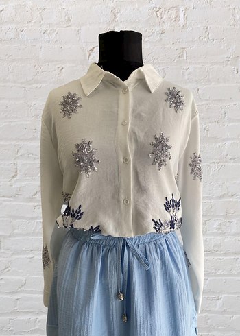 Mavi Nakışlı Pamuklu Düğmeli Kadın Gömlek BÜYÜK BEDEN - Görsel 2