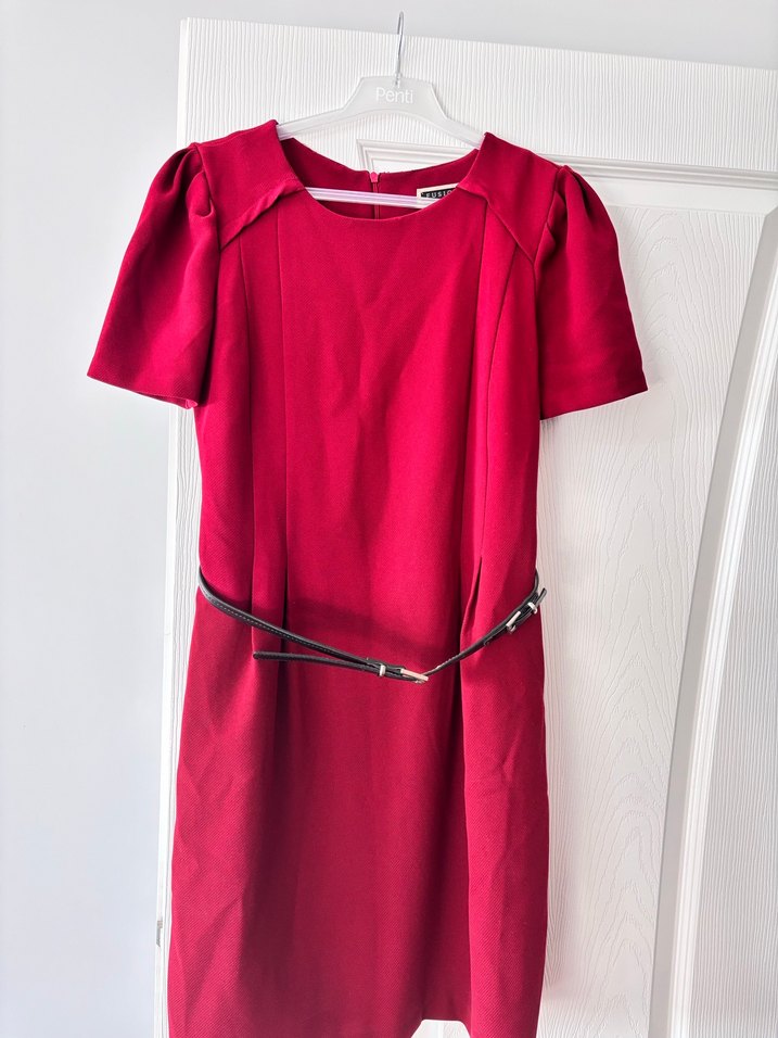 Bordo Kemerli Klasik Ofis İş Elbisesi - Görsel 2