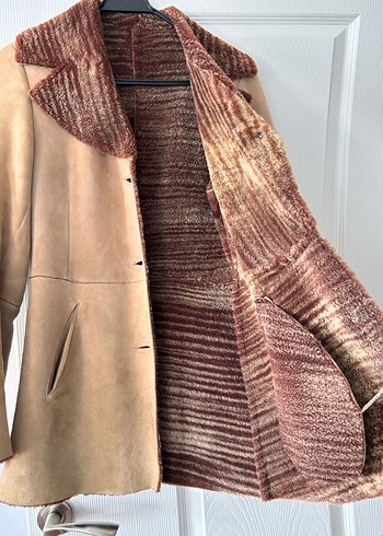 Kürklü Bej Süet Kadın Kaban Hakiki Deri - Görsel 3