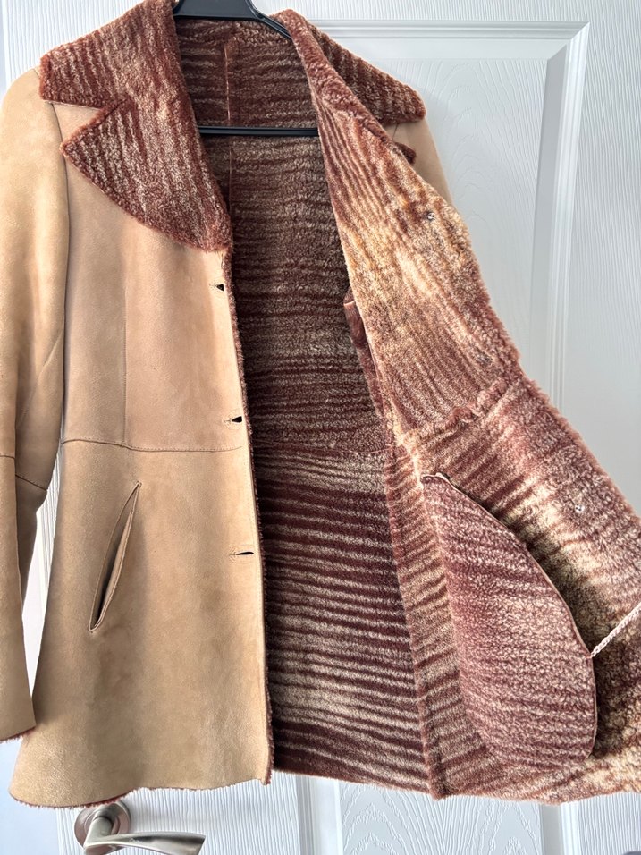 Kürklü Bej Süet Kadın Kaban Hakiki Deri - Görsel 3