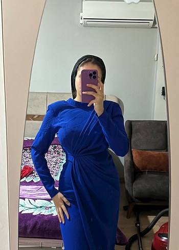 Mavi Drapeli Uzun Kollu Kadın Elbise - Görsel 3