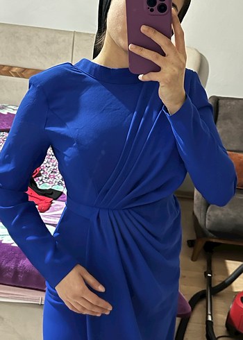 Mavi Drapeli Uzun Kollu Kadın Elbise - Görsel 4