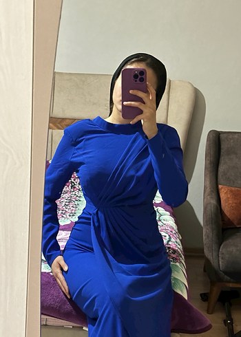 Mavi Drapeli Uzun Kollu Kadın Elbise - Görsel 2