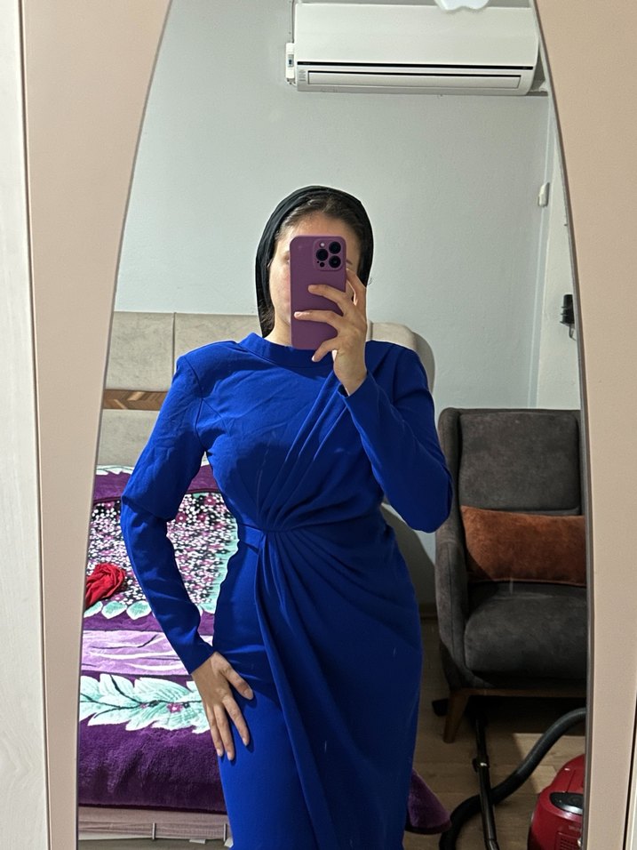 Mavi Drapeli Uzun Kollu Kadın Elbise - Görsel 3