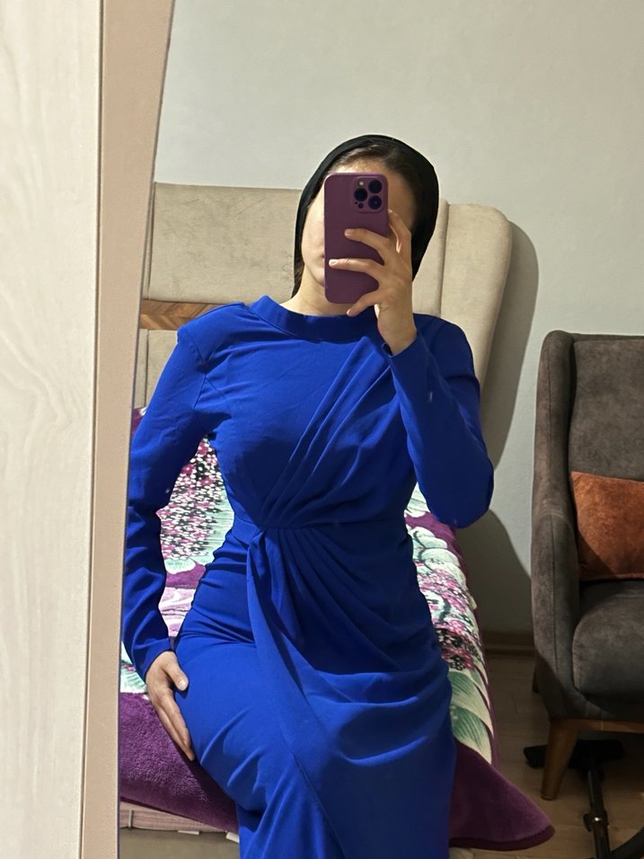 Mavi Drapeli Uzun Kollu Kadın Elbise - Görsel 2