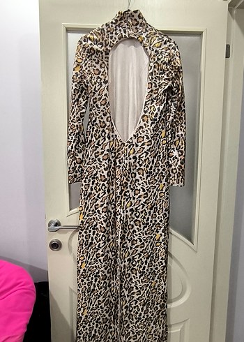 Kahverengi leopar Desenli Uzun sırt dekolteli Elbise - Görsel 8