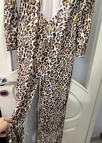 Kahverengi leopar Desenli Uzun sırt dekolteli Elbise - Görsel 9