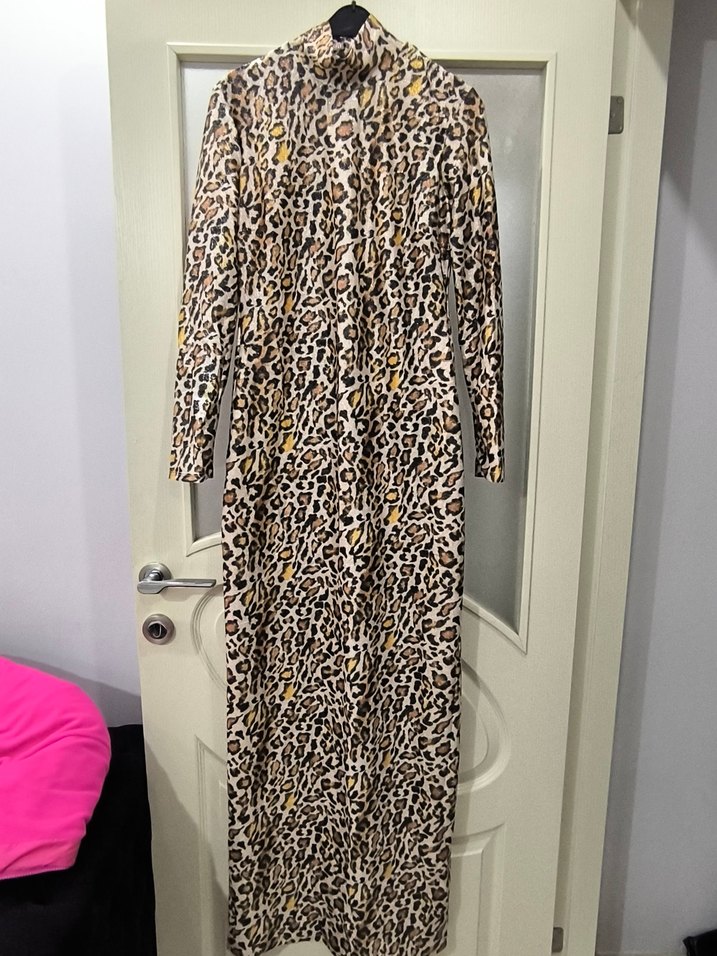 Kahverengi leopar Desenli Uzun sırt dekolteli Elbise - Görsel 5