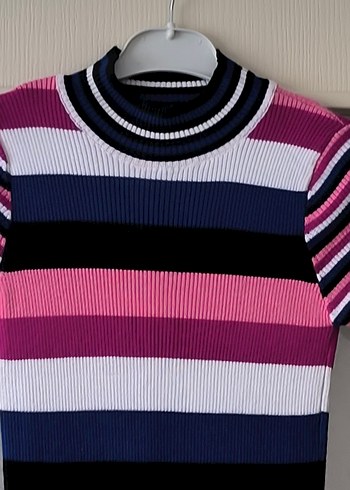 Çizgili, Kısa Kollu, Midi Triko Elbise - Görsel 4