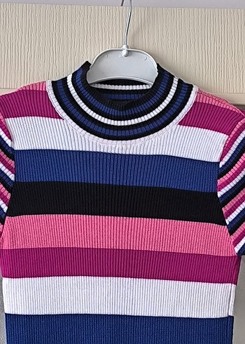 Çizgili, Kısa Kollu, Midi Triko Elbise - Görsel 2