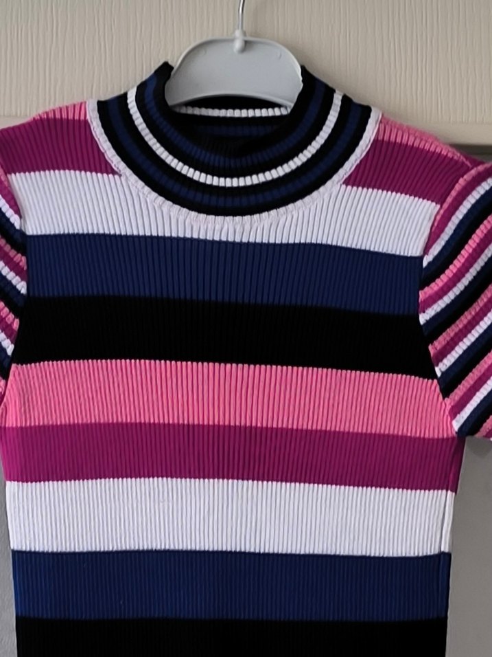 Çizgili, Kısa Kollu, Midi Triko Elbise - Görsel 4