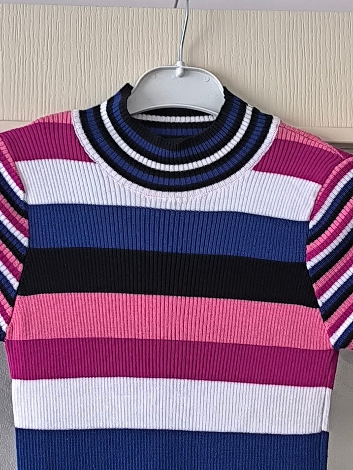 Çizgili, Kısa Kollu, Midi Triko Elbise - Görsel 2