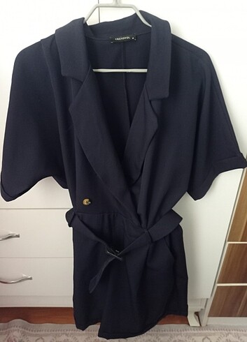 kemerli dokuma ceket yaka tulum - Görsel 3