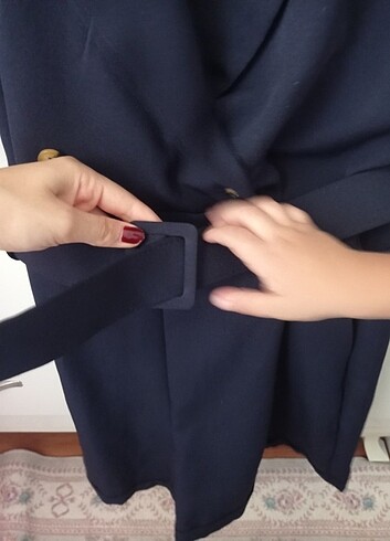 kemerli dokuma ceket yaka tulum - Görsel 6