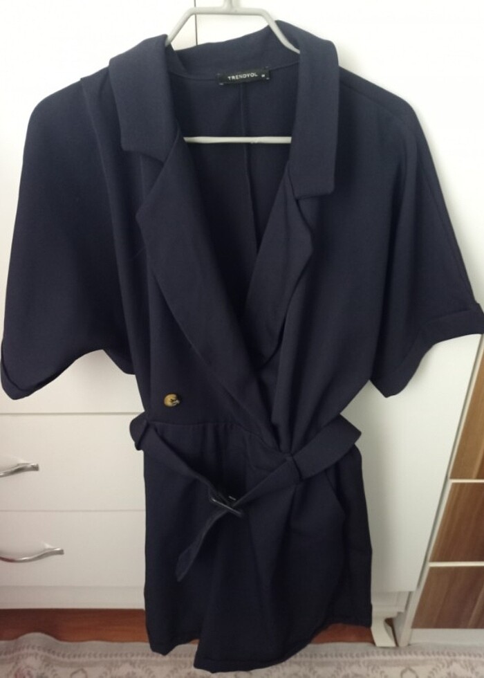 kemerli dokuma ceket yaka tulum - Görsel 3