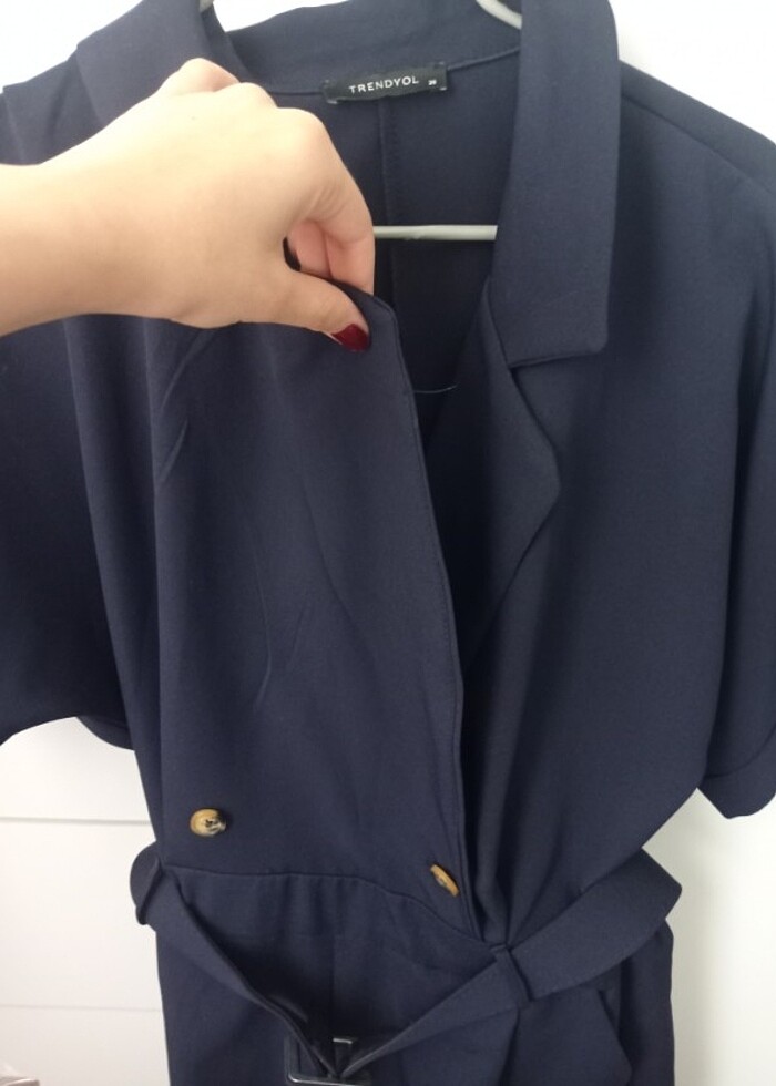 kemerli dokuma ceket yaka tulum - Görsel 5