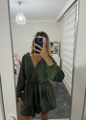 s Beden Yeşil V Yaka Mini Şifon Elbise