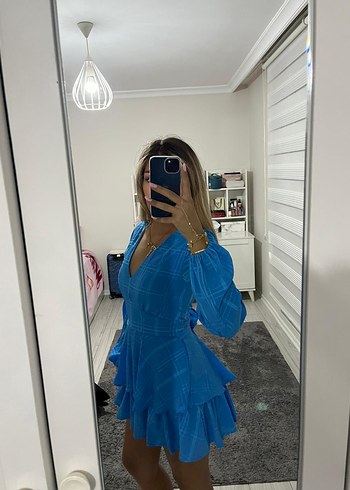 Diğer Mavi Kareli Mini Elbise