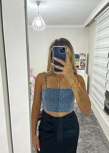 s Beden Askılı Kot Crop taşlı