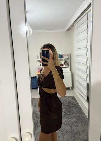 Diğer Kahverengi V Yaka Transparan Mini Elbise