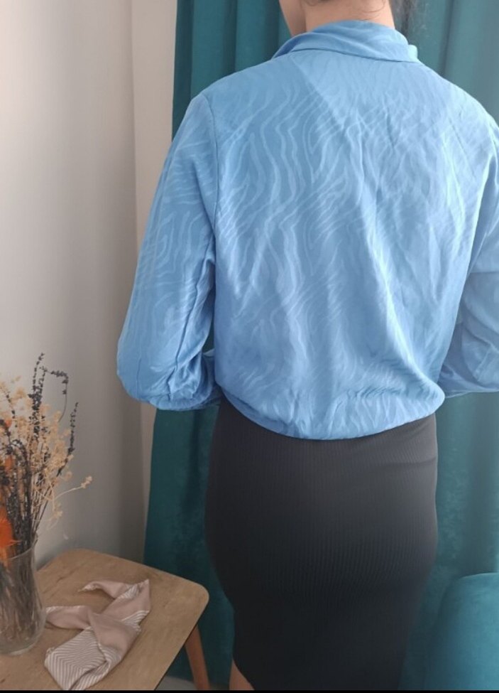 Mavi Drapeli Uzun Kollu Ofis Gömleği - Görsel 4