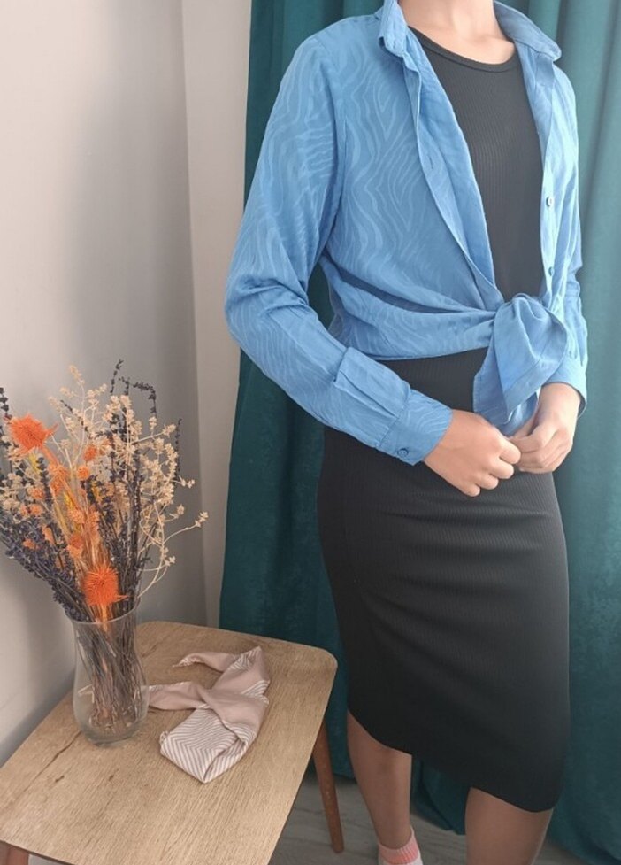 Mavi Drapeli Uzun Kollu Ofis Gömleği - Görsel 2