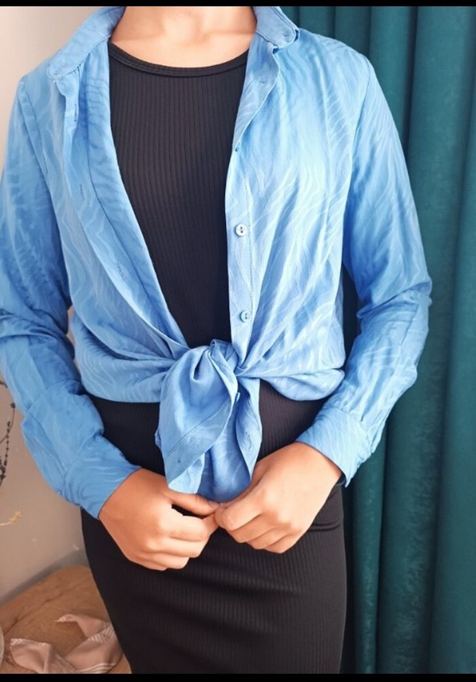 Mavi Drapeli Uzun Kollu Ofis Gömleği - Görsel 5