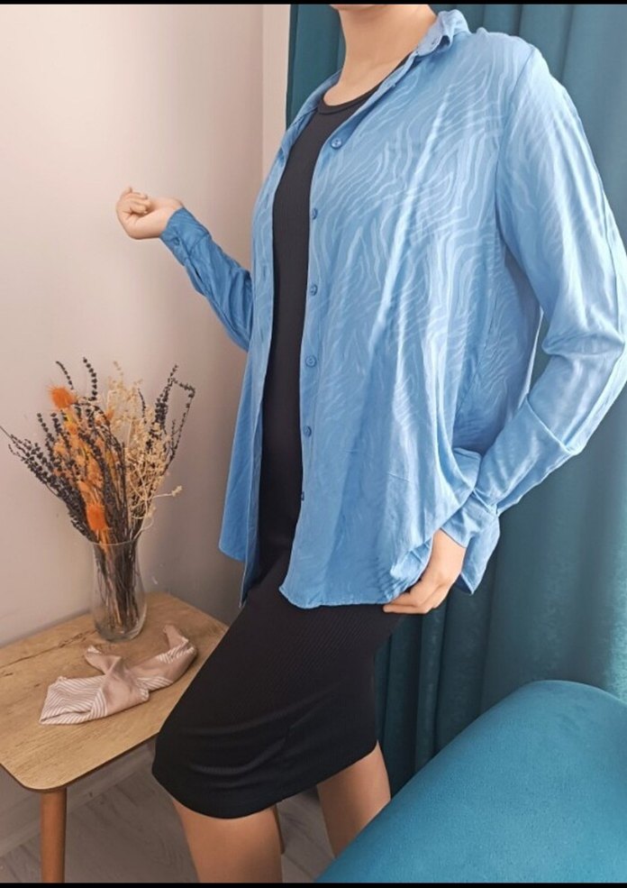 Mavi Drapeli Uzun Kollu Ofis Gömleği - Görsel 3