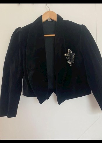 Düğmeli Siyah Süet Mini Kadın Blazer - Görsel 2