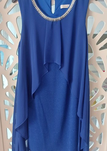 Zincir Detaylı Mavi Uzun Abiye Elbise - Görsel 2