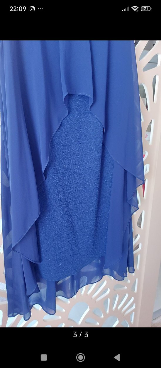 Zincir Detaylı Mavi Uzun Abiye Elbise - Görsel 3