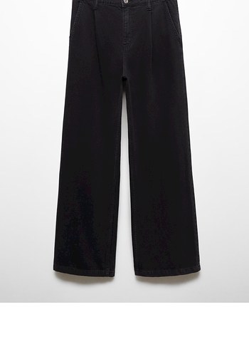 Piliseli Siyah Midi Kadın Denim Pantolon