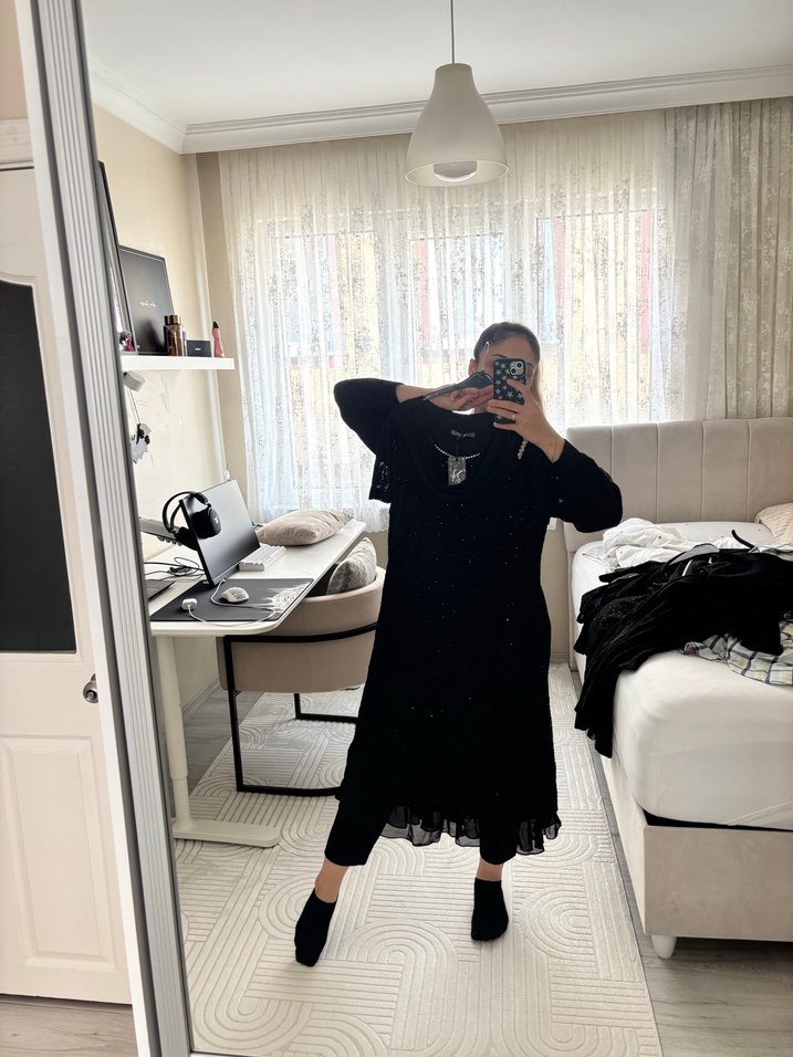 Siyah Drapeli Midi Gotik Elbise - Görsel 4