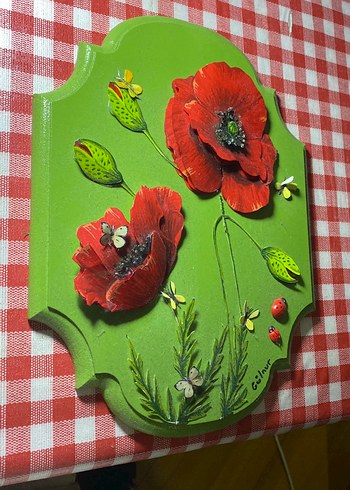 Bohem Kırmızı Gelincik Çiçekli Dekoratif Ahşap Tablo - Görsel 2