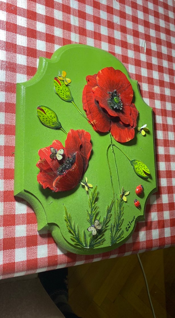 Bohem Kırmızı Gelincik Çiçekli Dekoratif Ahşap Tablo - Görsel 2