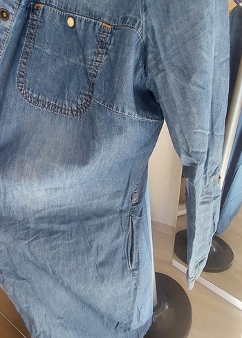 Uzun Kesim Gri Mavi Kadın Denim Ceket - Görsel 4