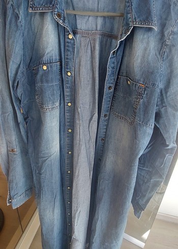 Uzun Kesim Gri Mavi Kadın Denim Ceket - Görsel 2