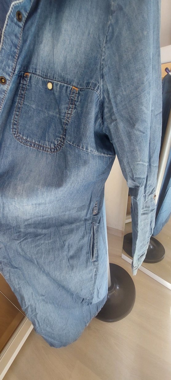 Uzun Kesim Gri Mavi Kadın Denim Ceket - Görsel 4