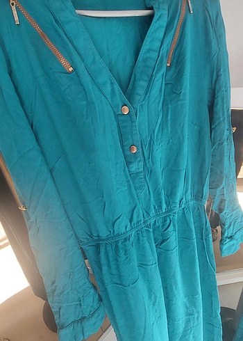 Turkuaz V Yaka Uzun Kollu Midi Elbise - Görsel 3