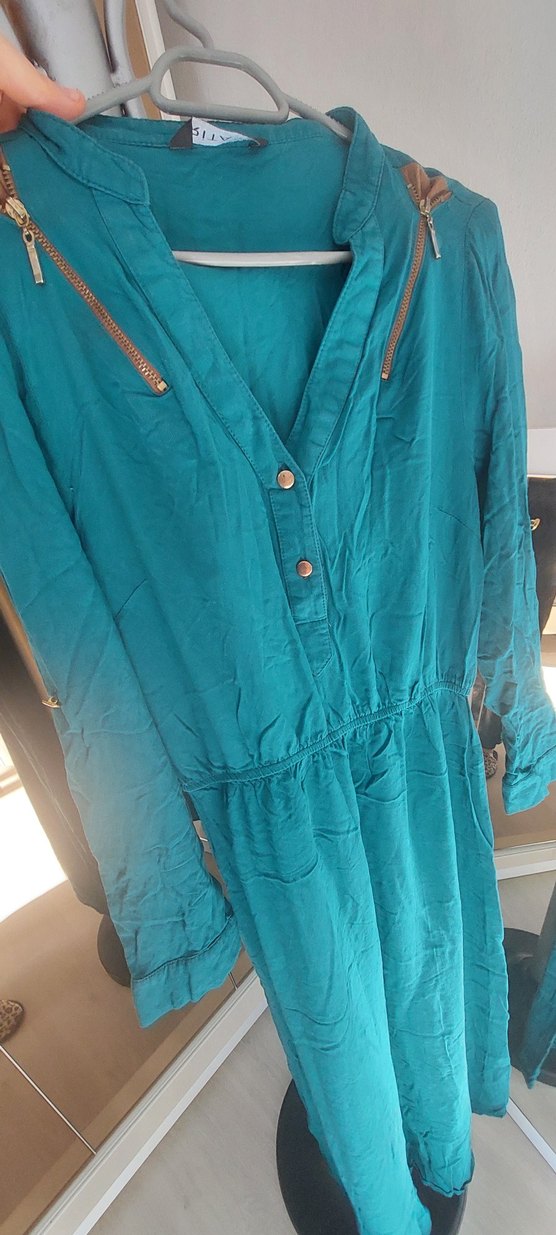 Turkuaz V Yaka Uzun Kollu Midi Elbise - Görsel 3