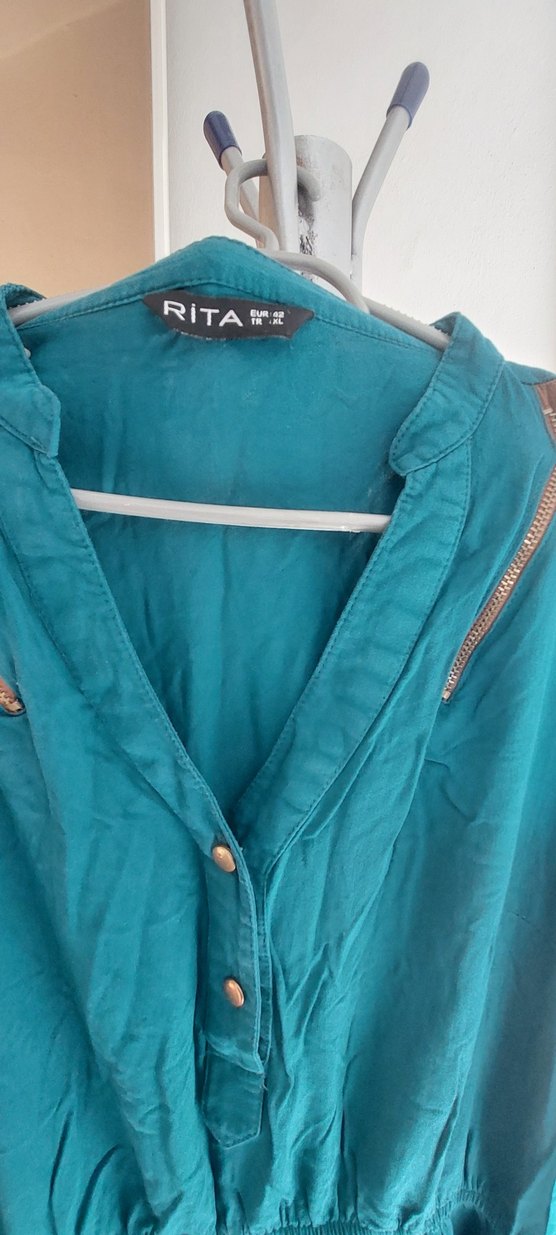 Turkuaz V Yaka Uzun Kollu Midi Elbise - Görsel 4