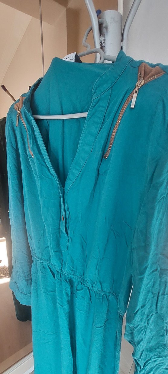 Turkuaz V Yaka Uzun Kollu Midi Elbise - Görsel 5