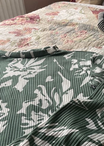 Bohem Gri-Yeşil Baskılı Uzun Kollu Kadın mini üst - Görsel 3