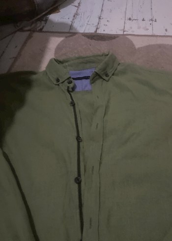 Haki Gömlek, Düğmeli, Uzun Kollu keten - Görsel 2