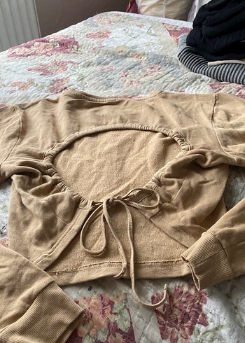 Bej Kadın Keten Salaş Uzun Kollu mini üst sırtı açık - Görsel 3