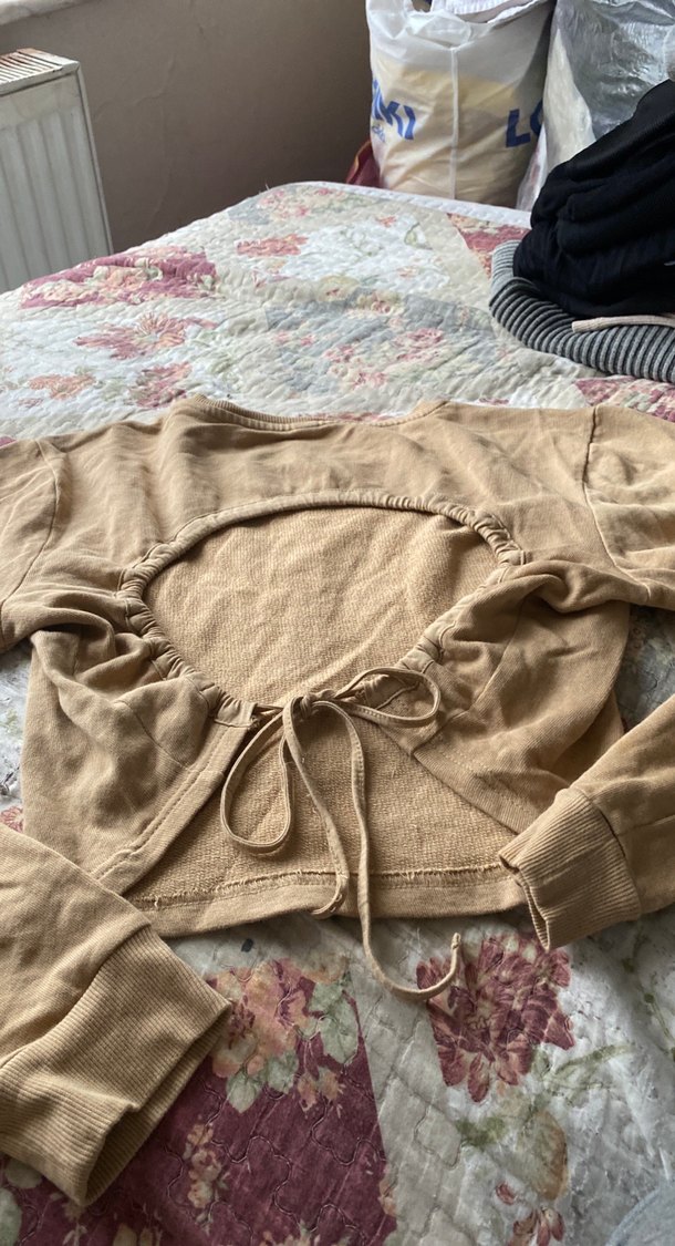 Bej Kadın Keten Salaş Uzun Kollu mini üst sırtı açık - Görsel 3