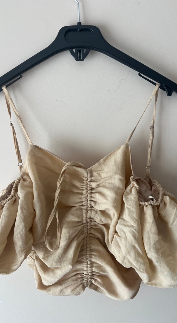 Bej Keten Mini Drapeli Bluz - Görsel 3